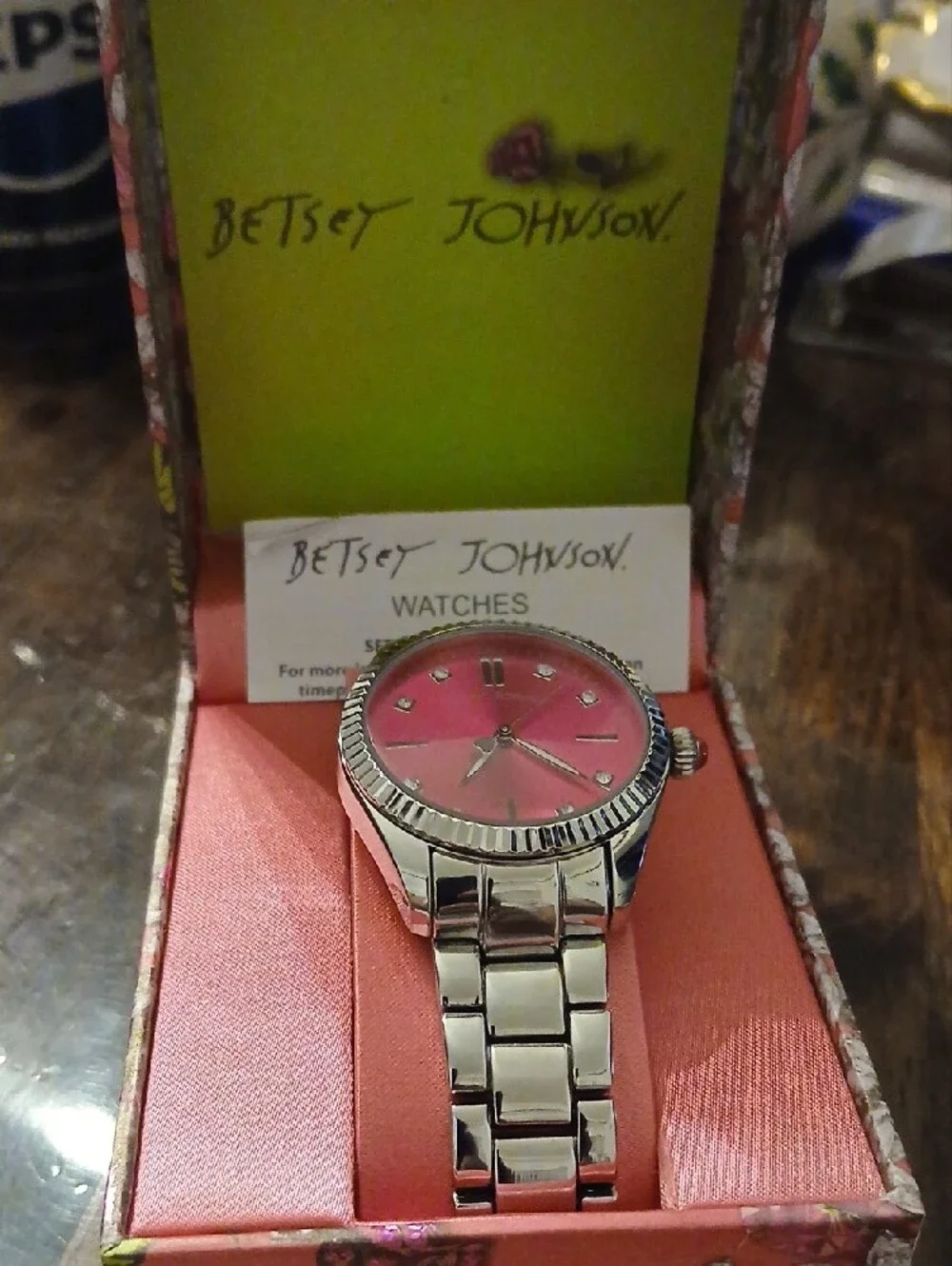 Betsey Johnson Silver Bracelet Watch with Pink Dial Nib FINAL PRICE